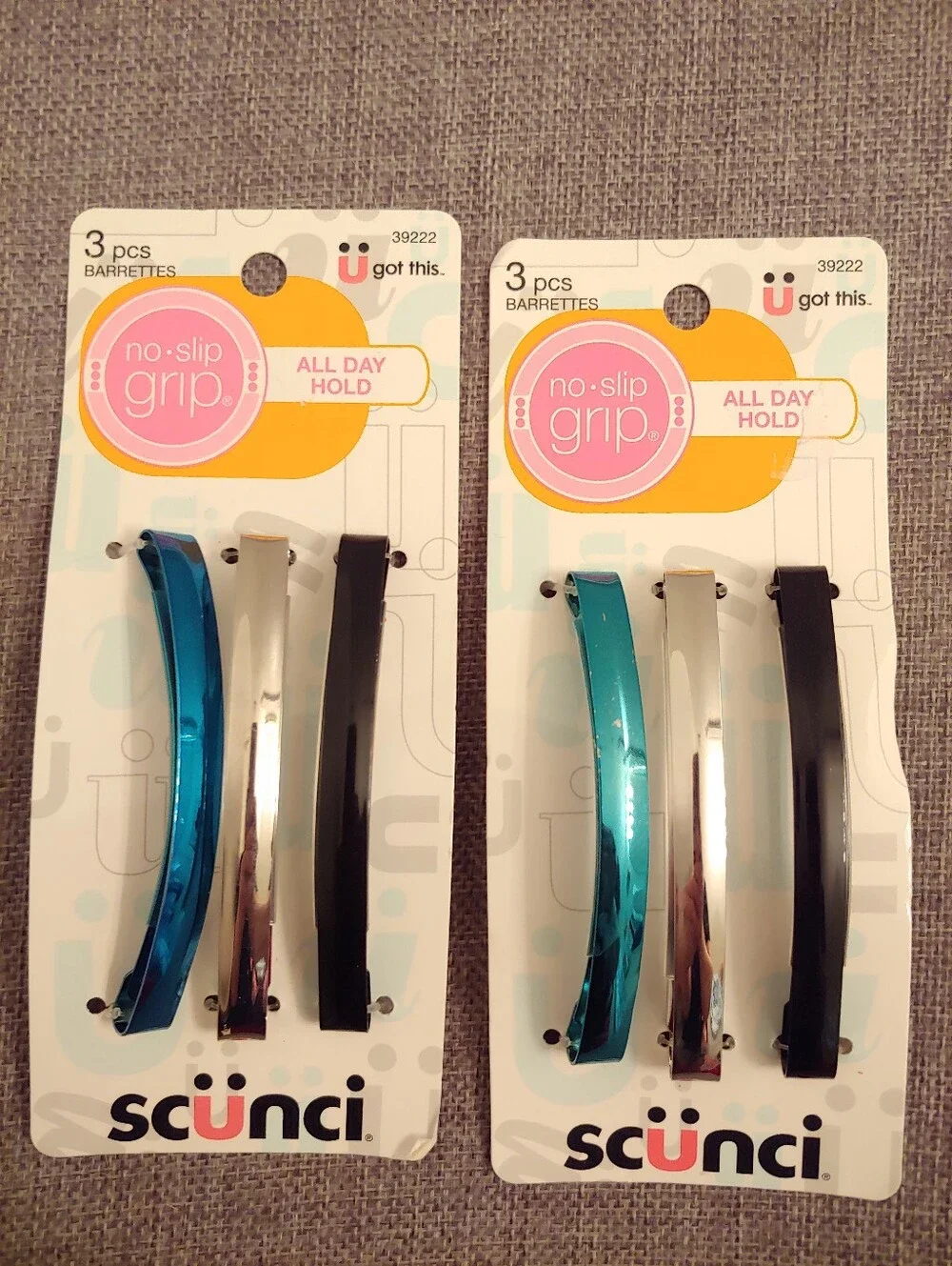 scünci No-Slip Grip Barrettes Set in Teal, Silver & Black (3 pcs) Lot Of 2